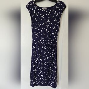Anne Taylor Loft Navy Blue Floral Ruched Dress